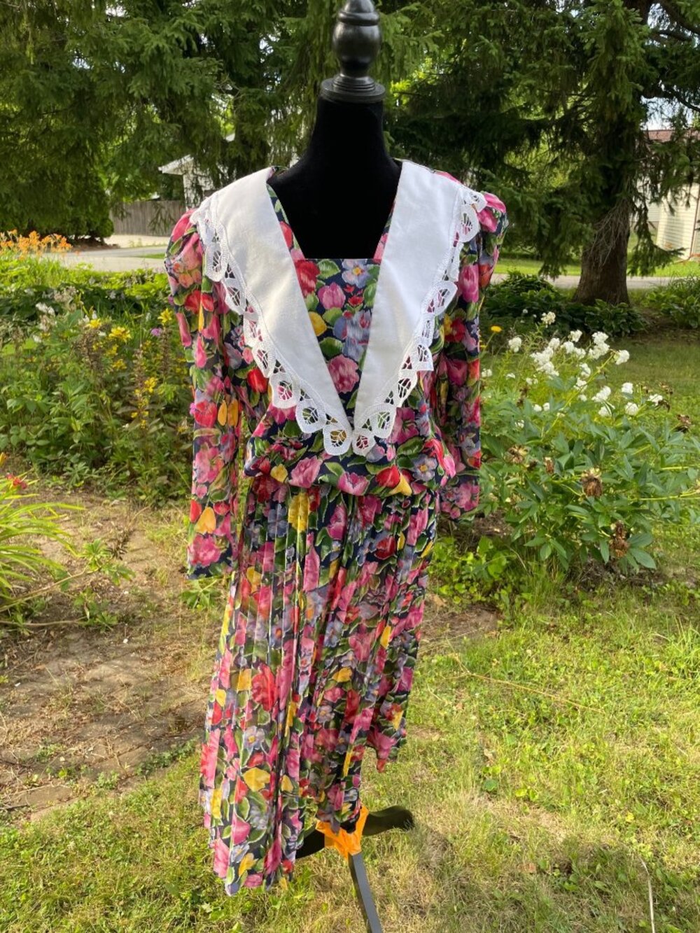 Vintage 80s S.L. Fashions Maxi Dress Flowy Sailor Collar Floral M Lightweight